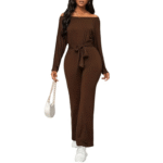 Casual Brown One-Shoulder Wide-Leg Jumpsuit for Women with Irregular Hem, Long Sleeves & Waist Tie Bow