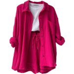 Women’s Two-Piece Crepe Set, Lapel Long-Sleeve Shirt & High-Waist Drawstring Shorts