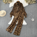 Women’s 2-Piece Leopard Print Set Lantern Sleeve Shirt & High-Waisted Wide-Leg Pants