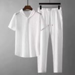 Summer Men 2 Piece Suits Short Sleeve Tops + Long Pants Solid Polo-White Color