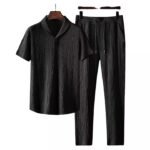 Summer Men 2 Piece Suits Short Sleeve Tops + Long Pants Solid Polo-Black Color