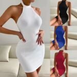 Women Summer New Party Dress Sexy Backless Stand Collar Sleeveless Hip Dress
