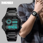 Skmei Men's Dual Time Digital Sports Watch – Luxury Stainless Steel Band, Waterproof LED Chronograph
