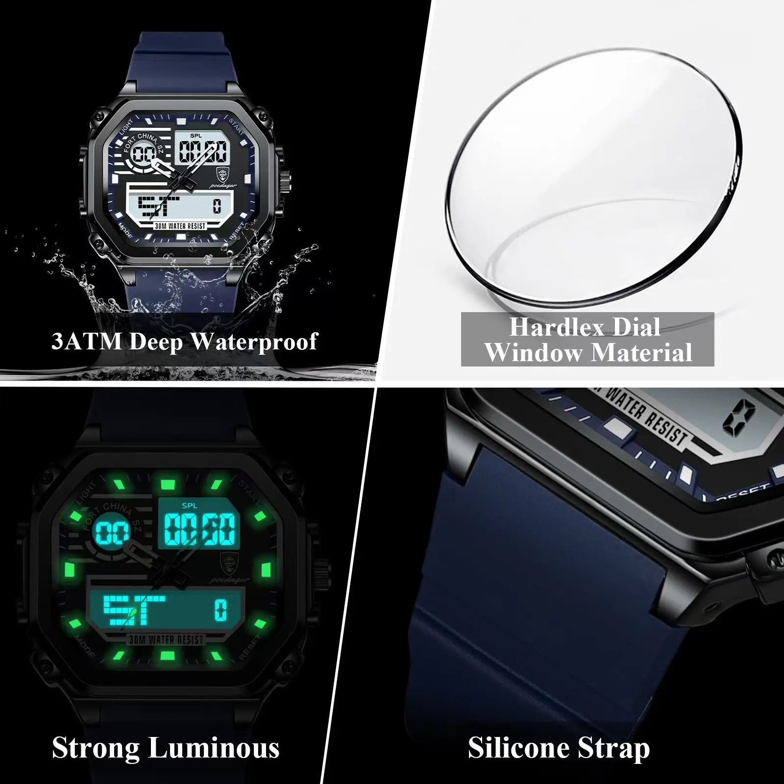POEDAGAR Sports LED Men Watch Waterproof Luminous Week Date Square Man Wristwatch Silicone Strap Electronic Quartz Men's Watches - Image 4