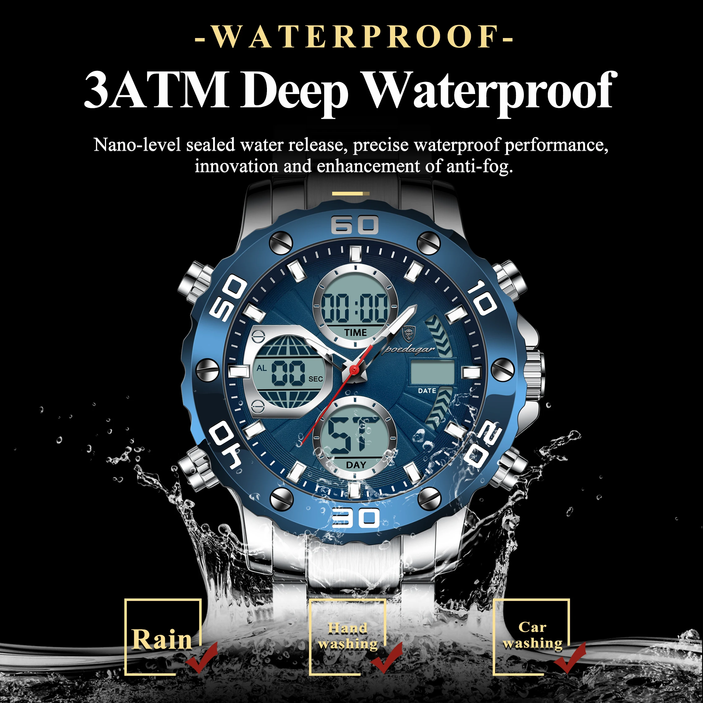 POEDAGAR Sport Wristwatch for Man LED Alarm Dual Time Display Digital Quartz Men Watch Electronic Waterproof Men's Watches Reloj - Image 3