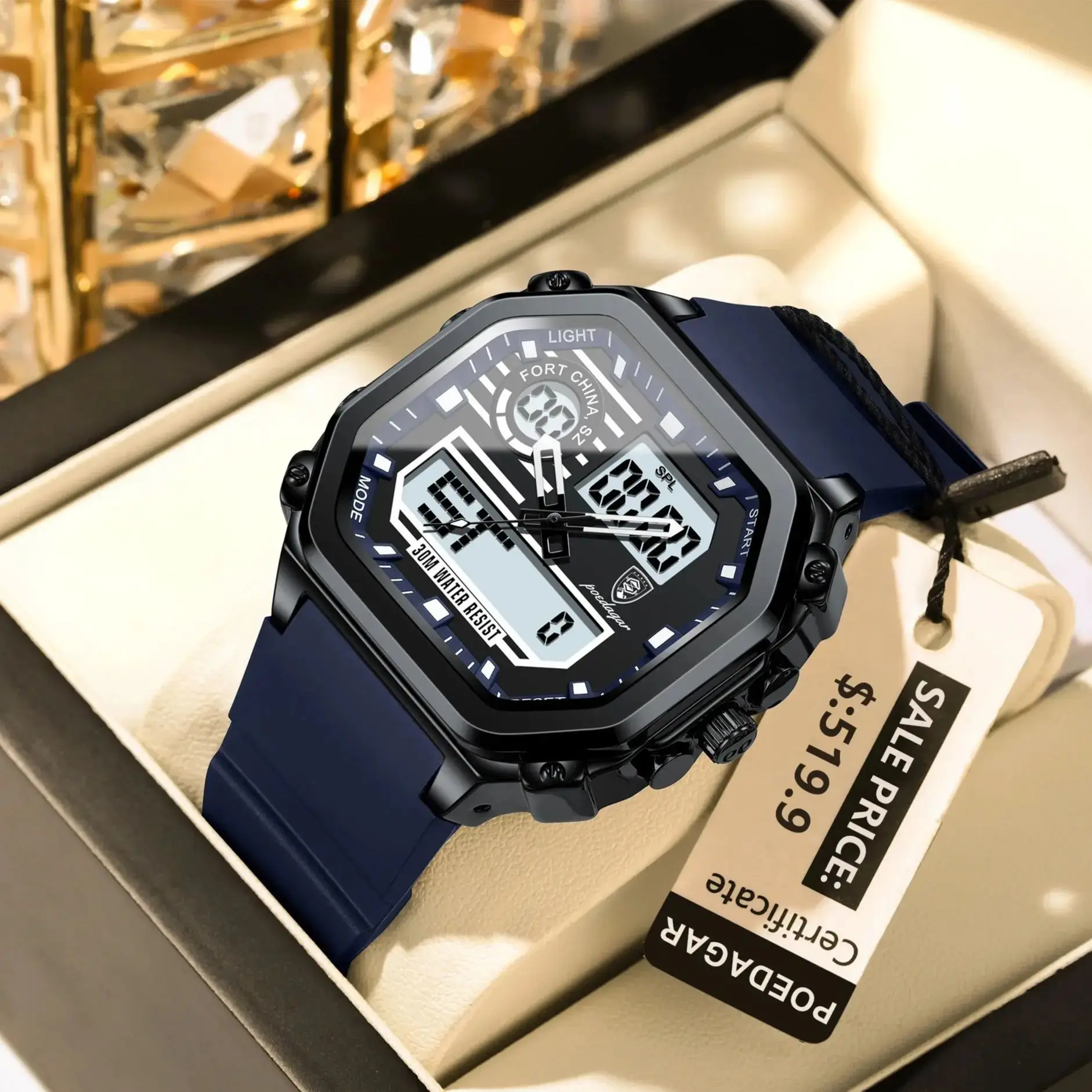 POEDAGAR Sports LED Men Watch Waterproof Luminous Week Date Square Man Wristwatch Silicone Strap Electronic Quartz Men's Watches