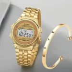 Women Casual LED Electronic Watch Retro Stainless Steel Strap Ladies LED Digital Watch Multifunction Sports Wristwatch Clock