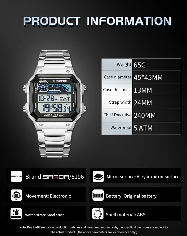 SANDA 6196 Luxury Men's Electronic Watch with Multi functional Luminous Dial Calendar Waterproof Fashion Men's Digital Watch - Image 5