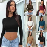 Women’s Autumn Knitted Long Sleeve Crop Top – Solid Round Neck Slim Fit Short T-Shirt