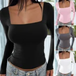 Women’s Custom Design Long Sleeve Square Neck Stretch Tank Top – Slim Fit Casual Fashion Blouse