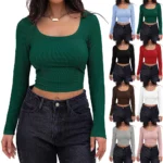 Women’s Square Neck Slim Fit Long Sleeve Ribbed Crop Top – European & American Style