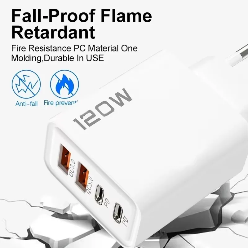 120W Fast Wall Charger – 4-Port USB & Type-C Charging Adapter with Data Cable for Samsung, iPhone, Xiaomi & Huawei - Image 4