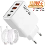 120W Fast Wall Charger – 4-Port USB & Type-C Charging Adapter with Data Cable for Samsung, iPhone, Xiaomi & Huawei